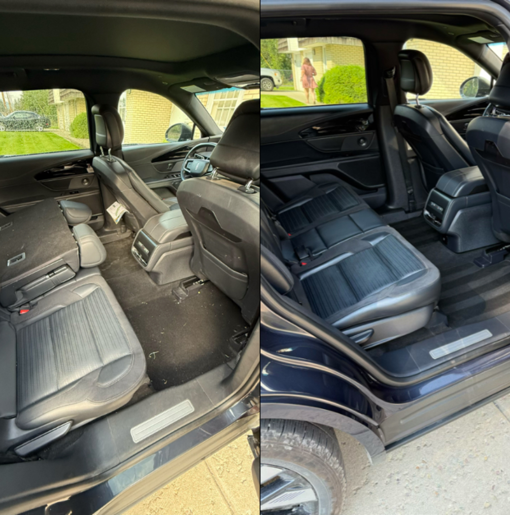 Side-by-side view of car interior showing back seat folded down and fully upright with black leather seats.