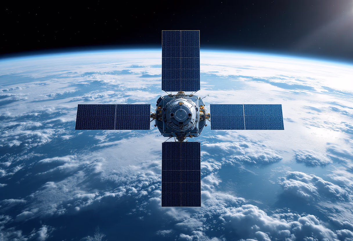 image of a satellite orbiting earth (for space tech)