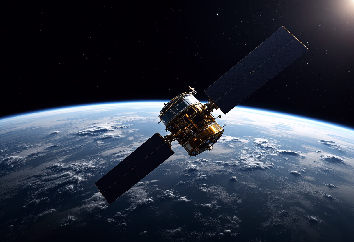 image of a satellite orbiting earth (for space tech)