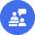 White icon of a person with three smaller people figures and arrows indicating interaction or connection on a blue circular background.