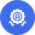 White gear icon with a magnifying glass in the center on a blue background.