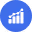 White bar chart icon with ascending bars and an upward arrow on a blue rounded square background.
