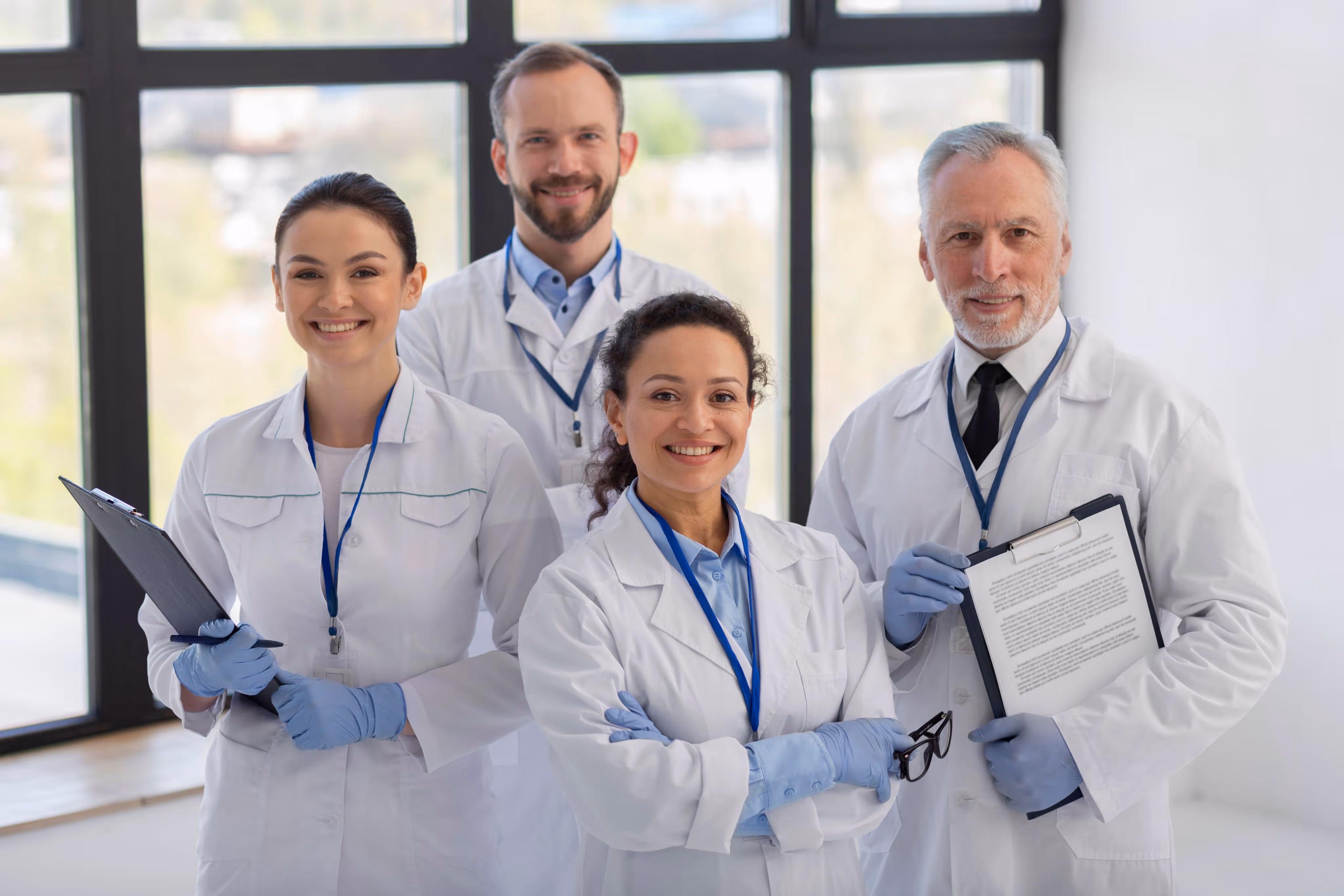 Group of four smiling medical professionals in white coats and blue gloves standing indoors, two holding clipboards.