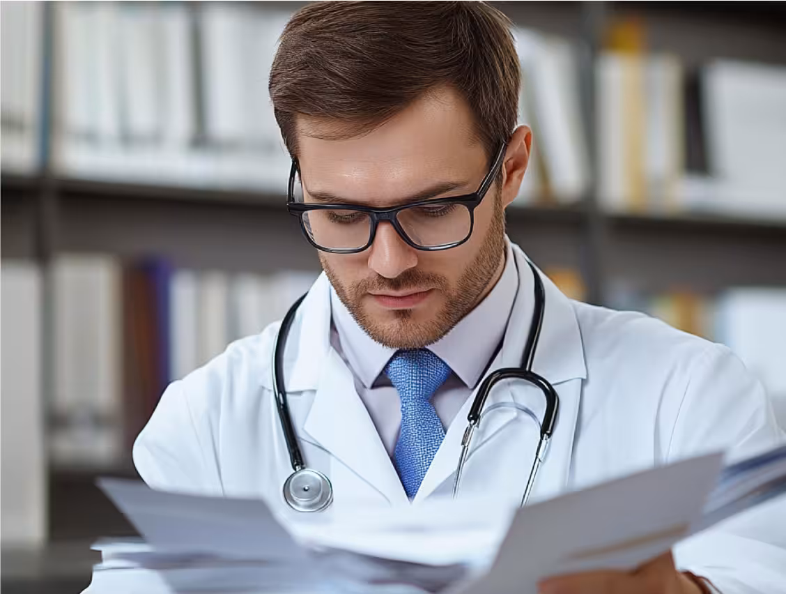 Male doctor in glasses and white coat with stethoscope reviewing papers in an office with bookshelves.