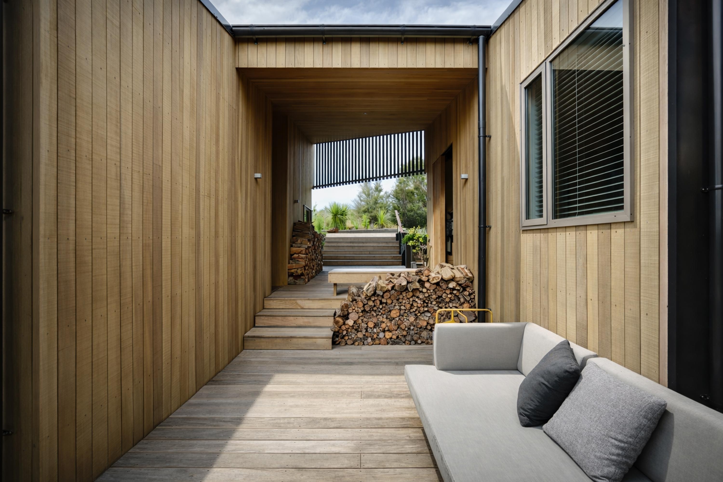 Modern outdoor wooden patio area with stacked firewood, steps leading to a raised garden, and a beige cushioned sofa with two pillows under a partially covered wooden ceiling.