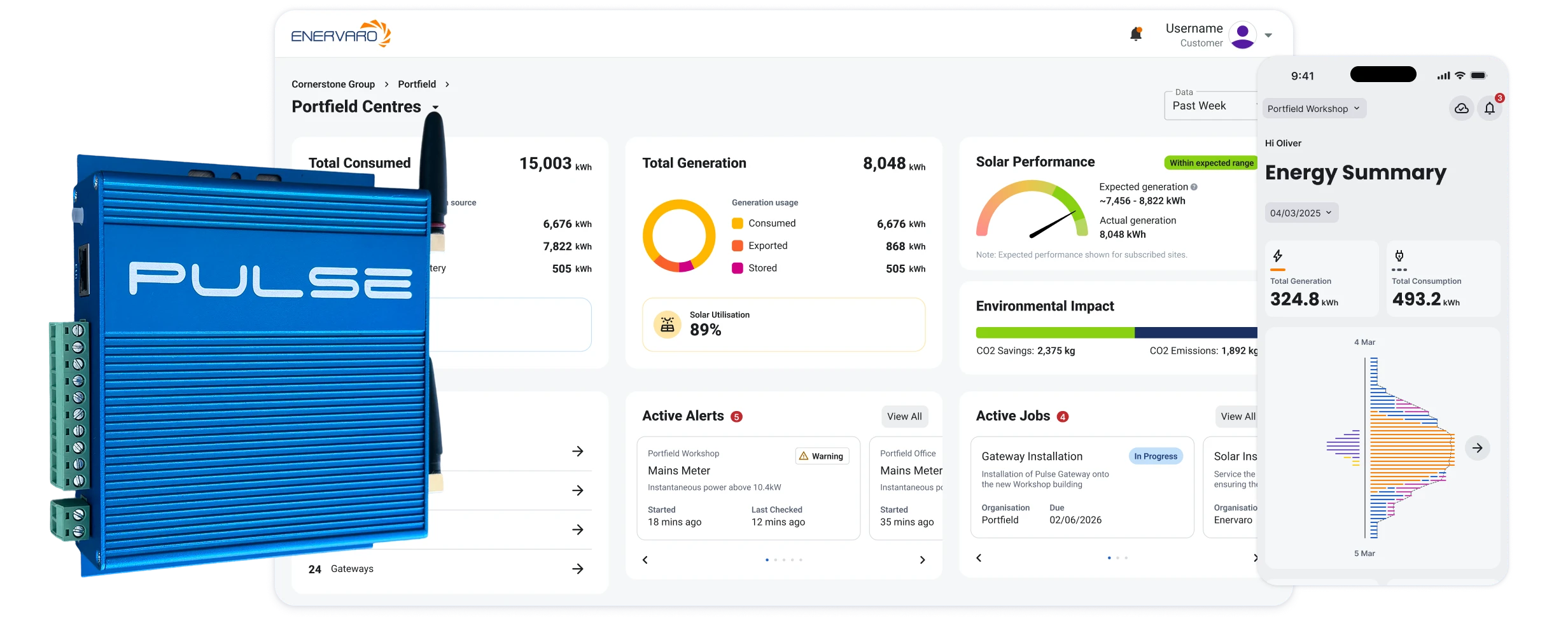 Blue Pulse energy monitoring device next to digital dashboard and mobile app showing energy consumption, generation, solar performance, and alerts.