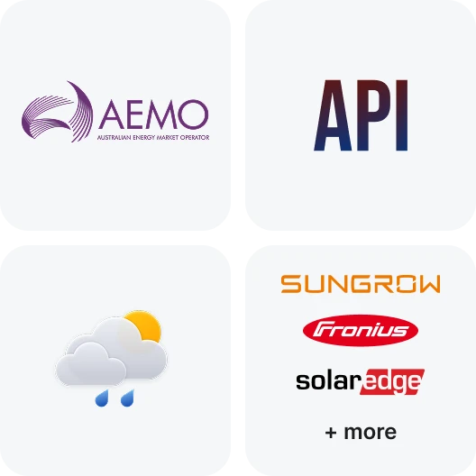 Logos of AEMO, API, a weather icon with clouds and rain, and brands Sungrow, Fronius, SolarEdge with '+ more' text.