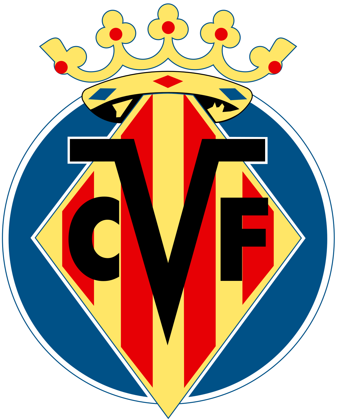 Villarreal CF emblem with a yellow and red striped diamond shape, black letters CVF, blue circular background, and a yellow crown with red dots on top.