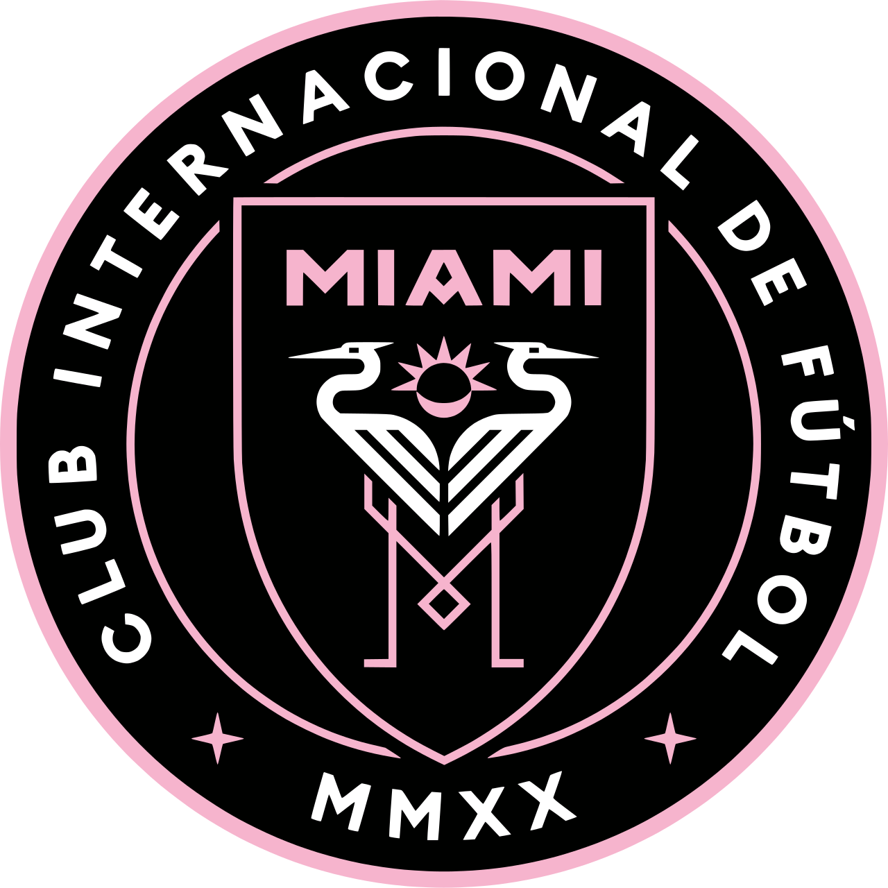 Inter Miami CF logo with two white herons facing each other over a pink sun on a black shield surrounded by a pink ring containing the text 'Club Internacional de Fútbol MMXX'.