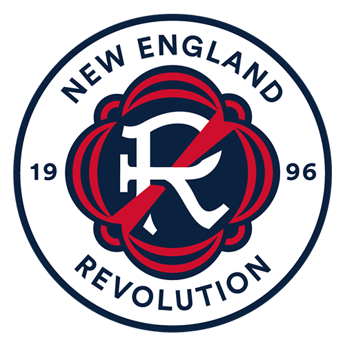 New England Revolution logo featuring a stylized red and white 'R' with a diagonal red stripe inside a navy and white circular emblem with text and the year 1996.
