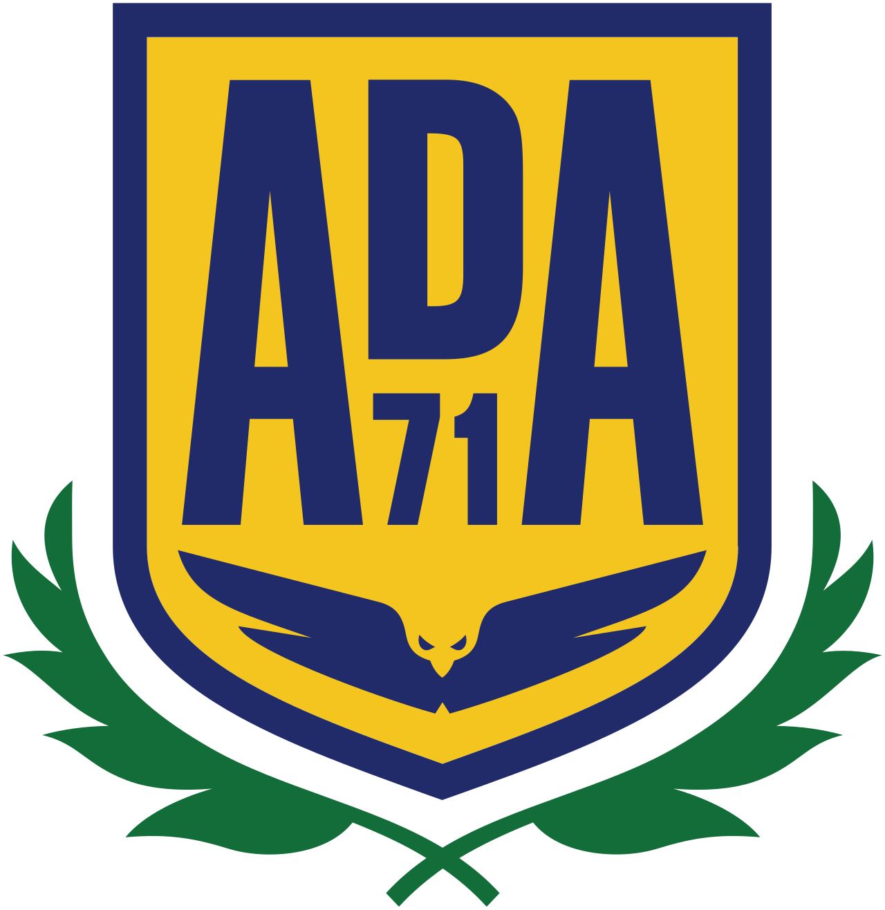 Shield-shaped emblem with large blue letters 'ADA', number '71' inside, stylized blue eagle beneath, and green laurel branches at the base.