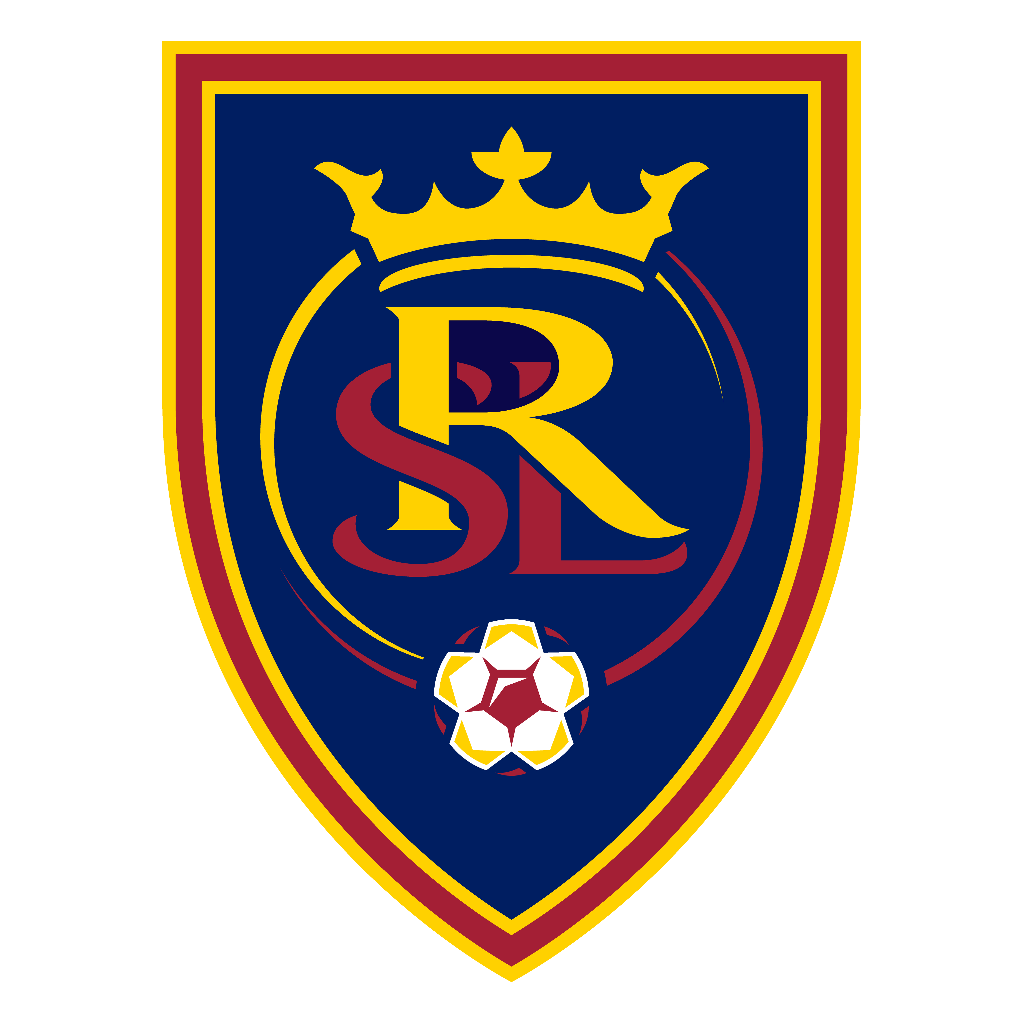 Blue shield emblem with a red and yellow border, featuring a yellow crown above the intertwined yellow letter R and red letters SL, with a decorative red and yellow soccer ball at the bottom.