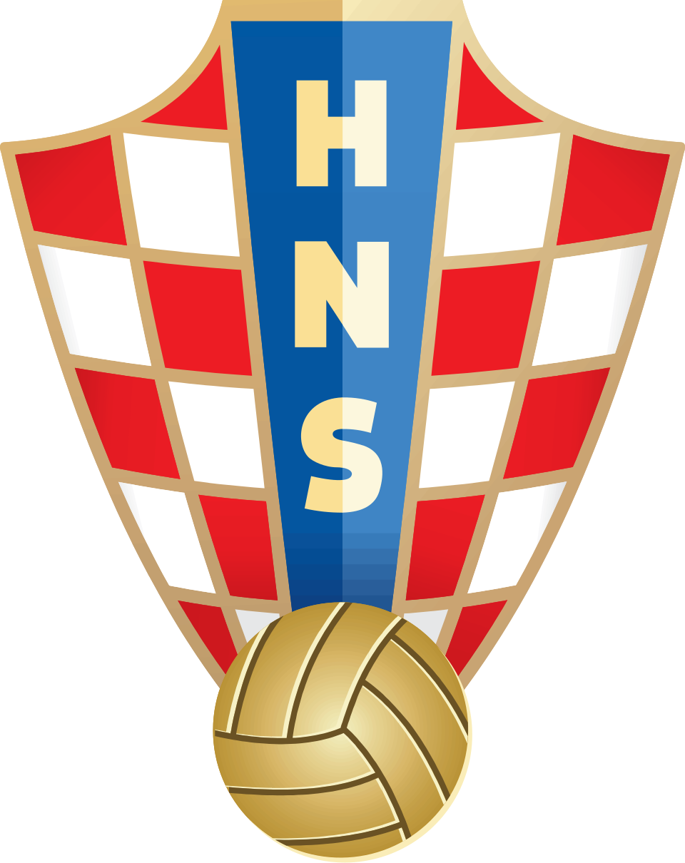 Croatian Football Federation emblem with red and white checkerboard shield, blue vertical stripe with HNS letters, and a vintage golden soccer ball at the bottom.