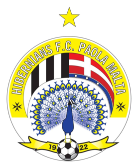Hibernians F.C. Paola Malta football club crest featuring a peacock with spread tail atop a soccer ball, a yellow star above, and black, white, red, and blue stripes in the background.