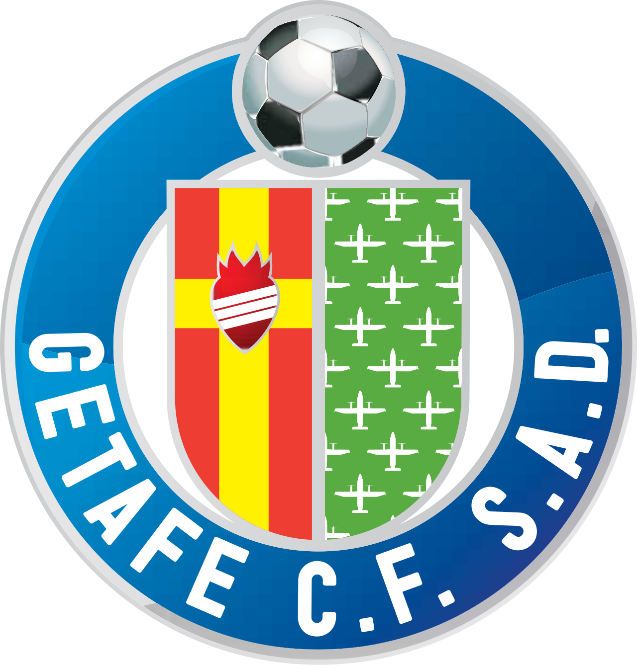 Getafe CF S.A.D. football club logo featuring a circular blue border, a soccer ball at the top, and a shield divided vertically with a red and yellow cross on the left and white airplanes on a green background on the right.