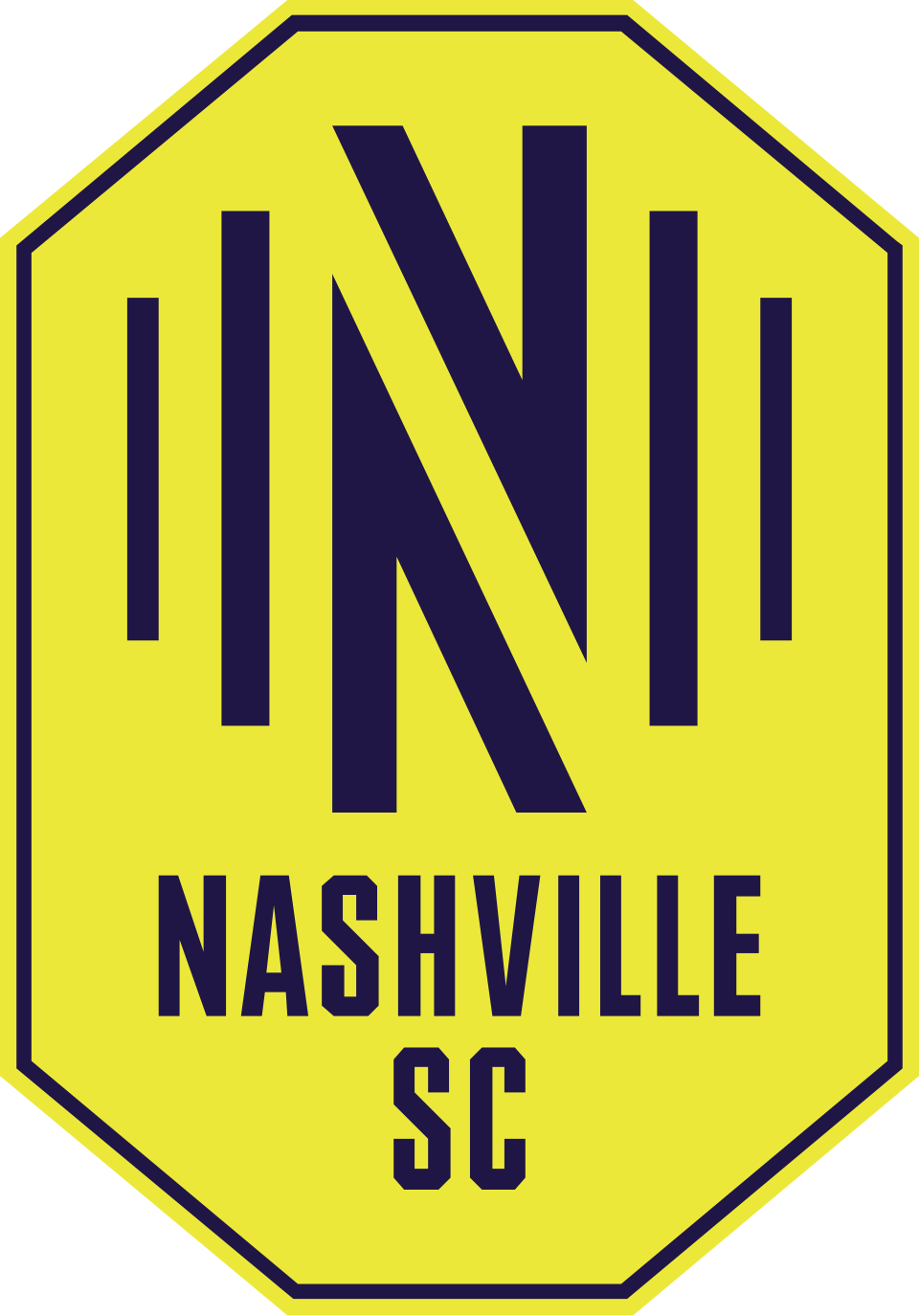 Nashville SC logo with a large stylized N and vertical bars on a yellow octagonal background.