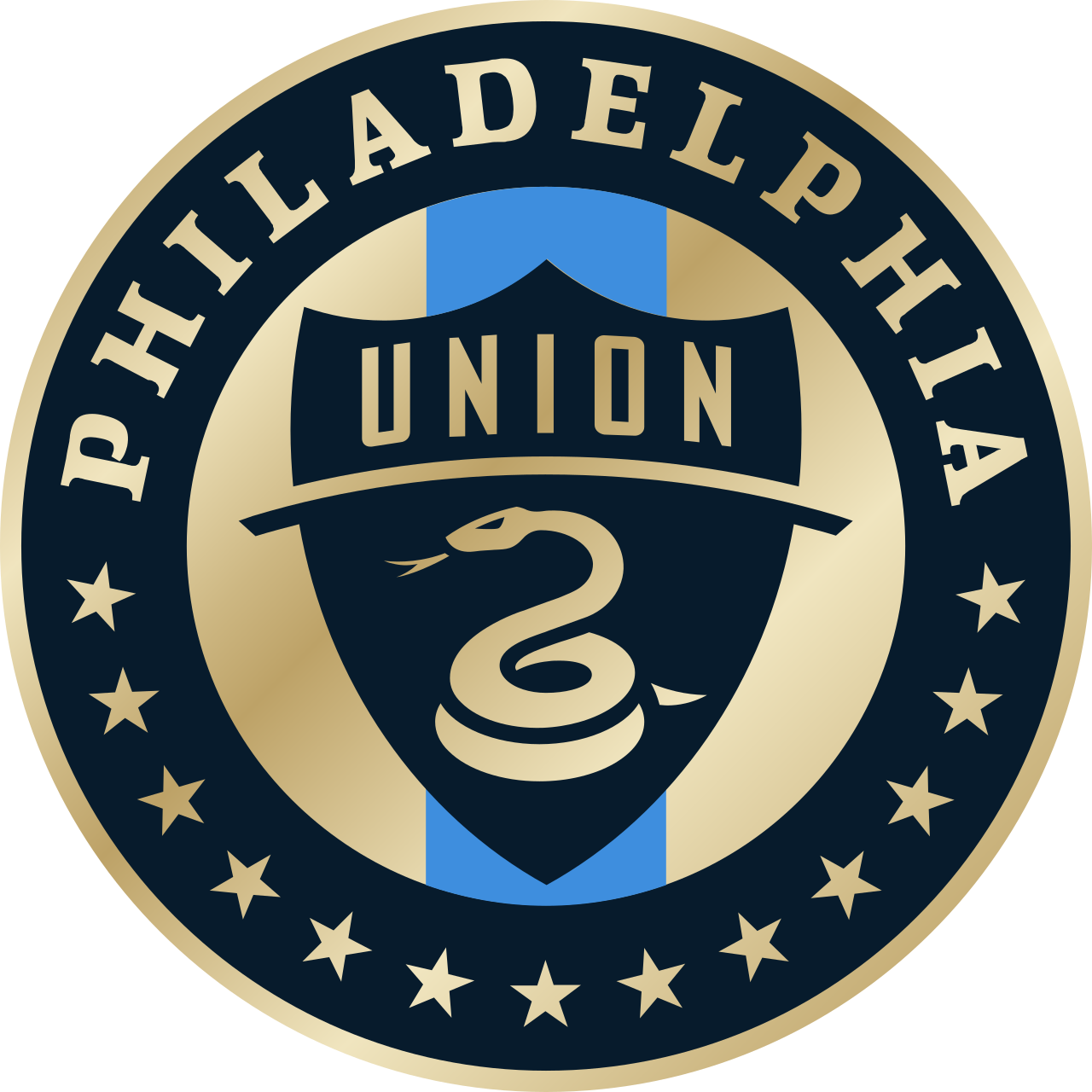Philadelphia Union soccer team logo featuring a coiled snake on a shield with blue and gold stripes and stars around the circle.