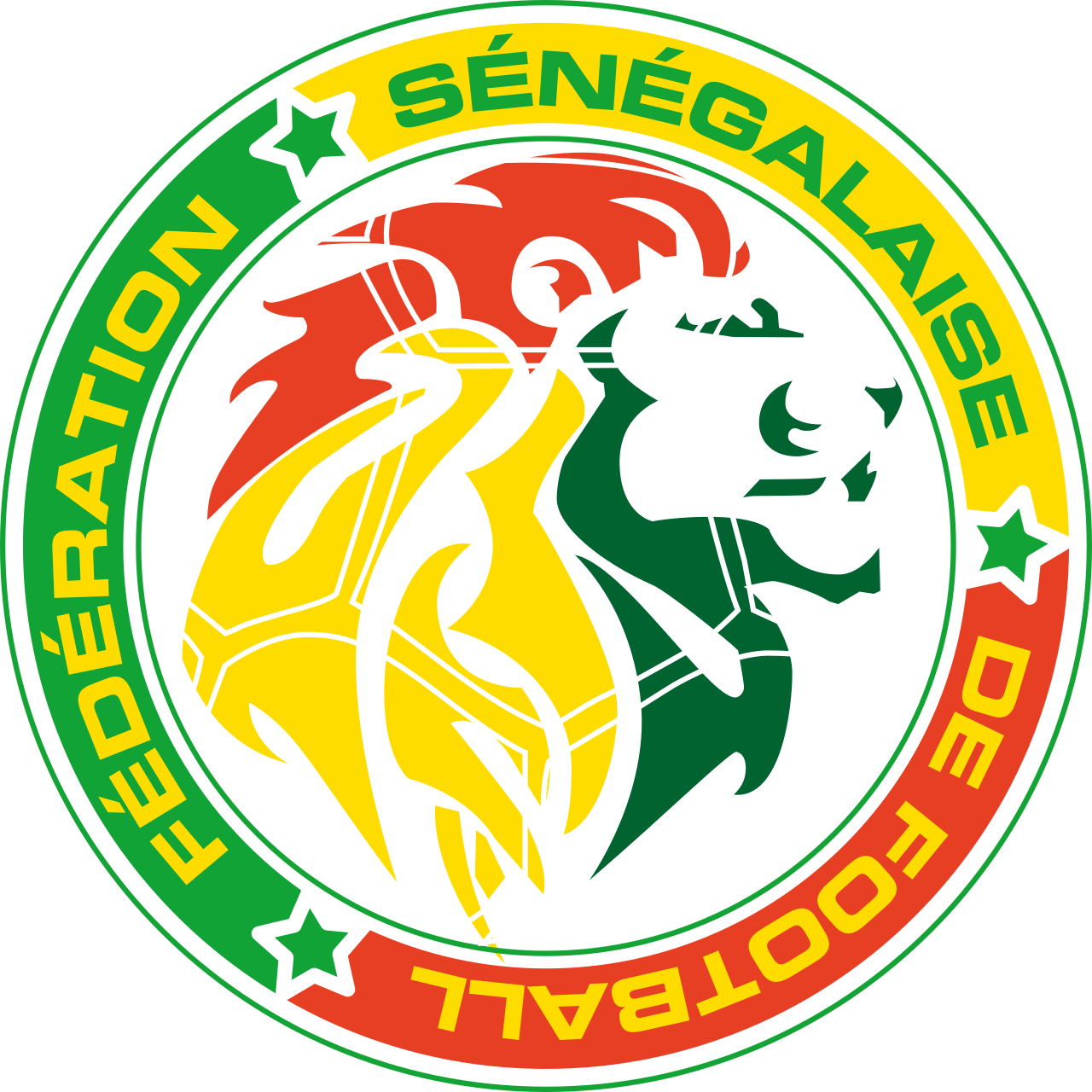 Circular logo of the Senegalese Football Federation featuring a lion's head with mane in red, yellow, and green colors and text around the border in green, yellow, and red.