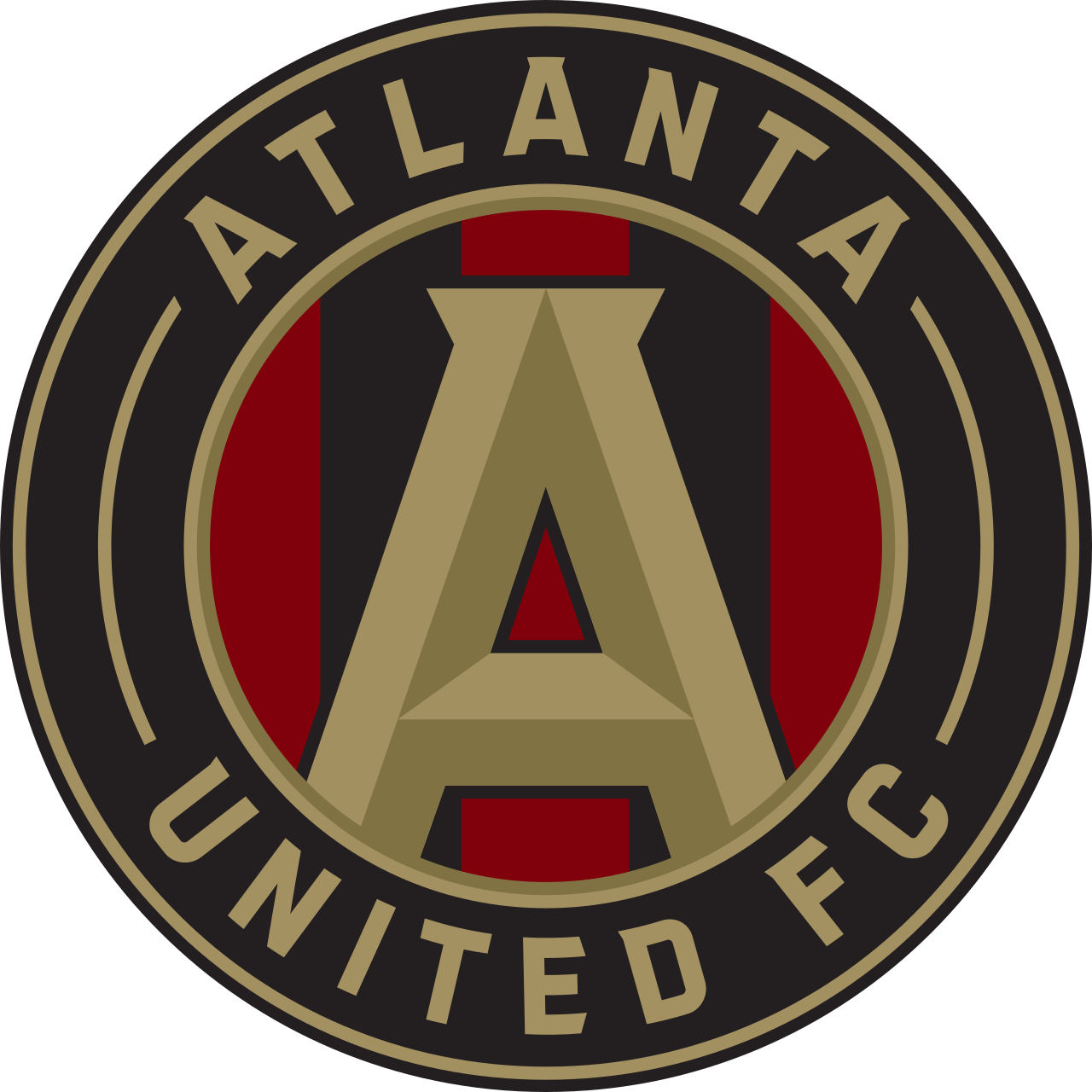 Atlanta United FC circular emblem with a bold stylized letter A in the center over red and black stripes, and the team name around the edge.