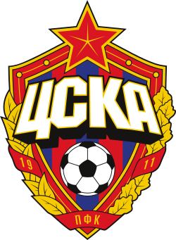 CSKA football club emblem with a red star, soccer ball, and Cyrillic letters on a red and blue shield.