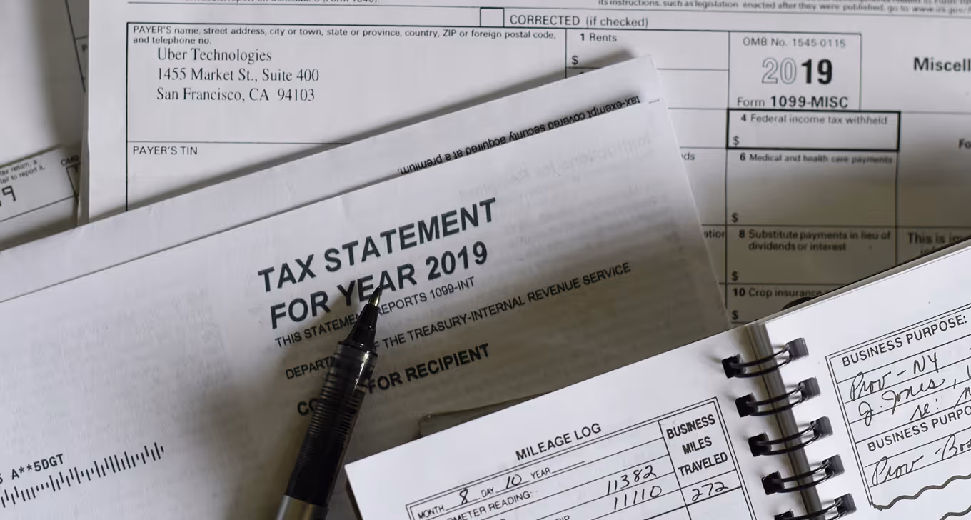 Tax statement for year 2019 from Uber Technologies with business documents and mileage log