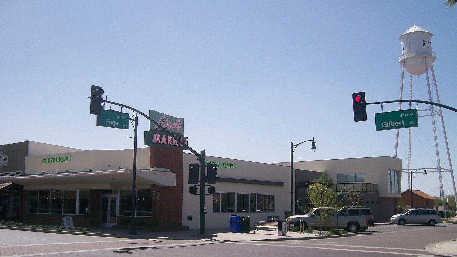 Downtown Gilbert, Arizona and its historic water tower
