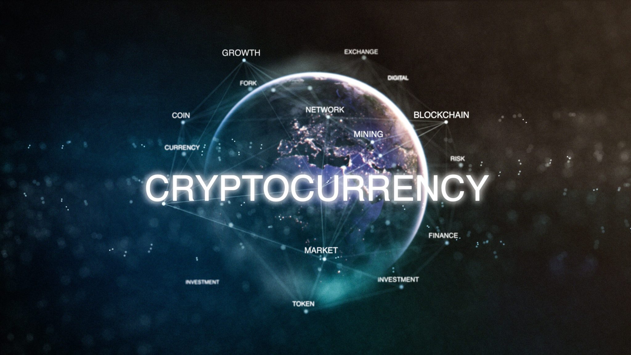 Digital globe with cryptocurrency-related terms and network connections in blue