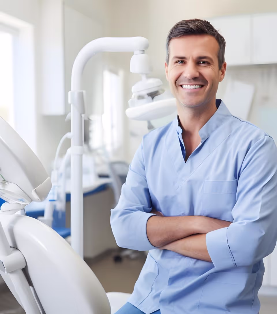 Smiling male dentist in blue scrubs with arms crossed in a bright dental clinic.