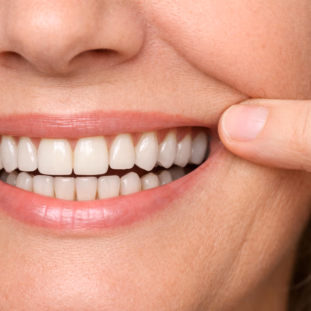 Close-up of a smiling person pulling their cheek to show white teeth and healthy gums.