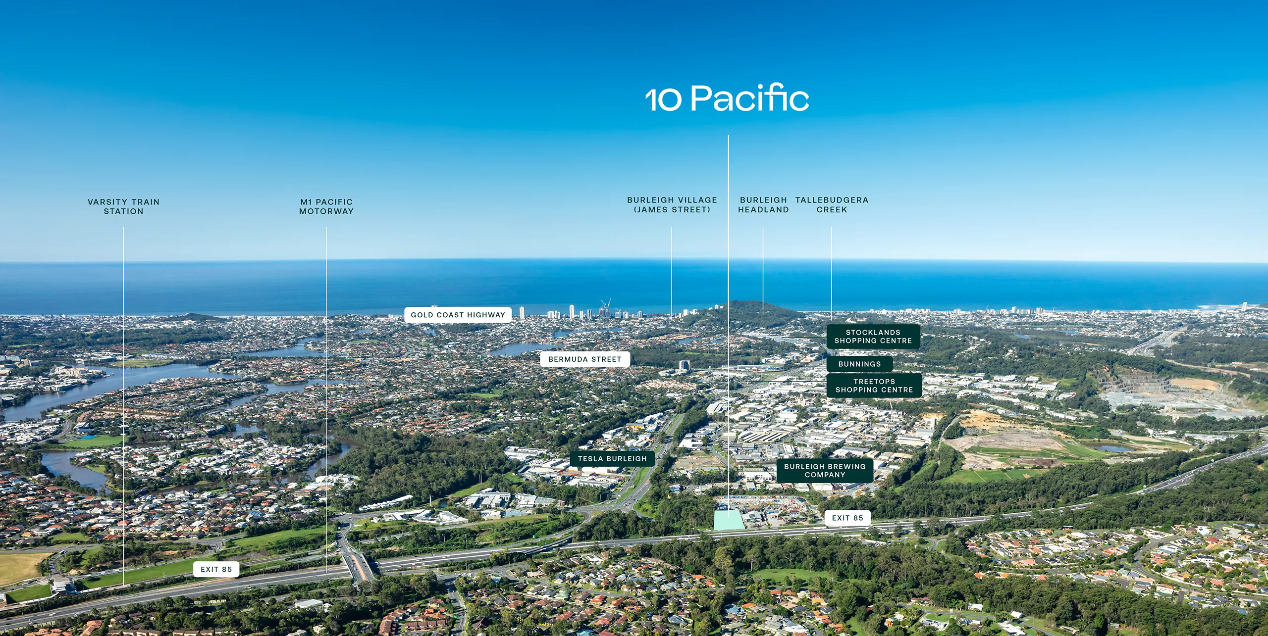 Aerial photo of Burleigh Heads with 10 Pacific's position marked.