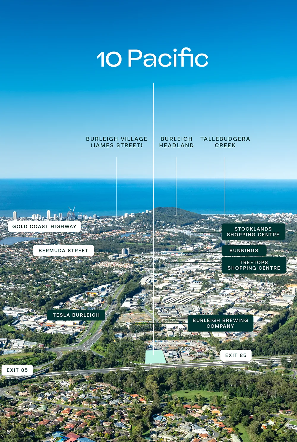 Aerial photo of Burleigh Heads with 10 Pacific's position marked.