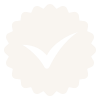 Black check mark inside a white scalloped circle badge.
