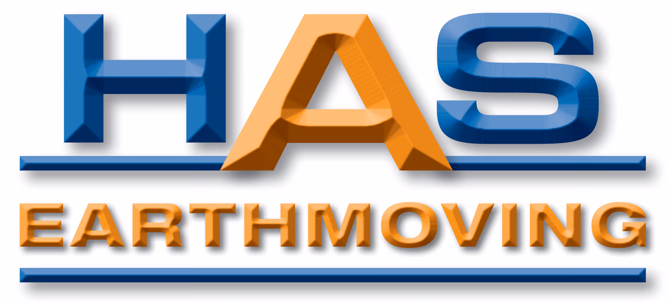 HAS Earthmoving logo with 3D blue and orange letters and blue underlines above and below text.