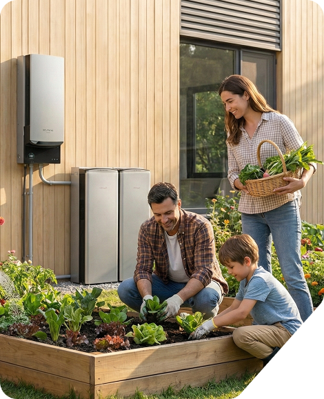 Family gardening near their ecoflow battery