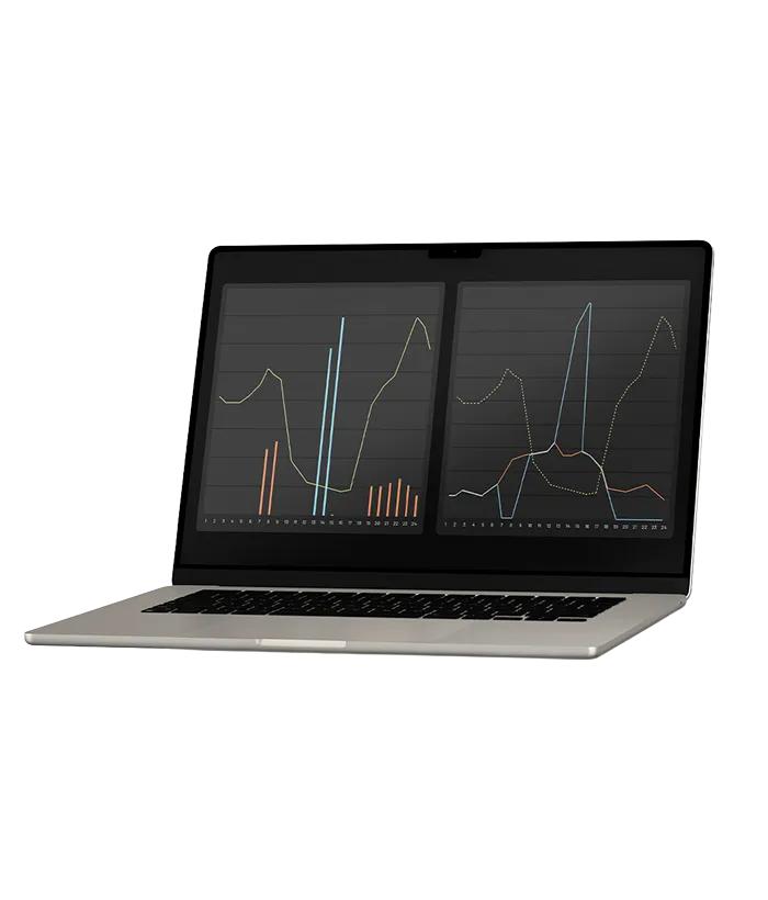 Open laptop displaying two graphs with multiple colored lines and bars on a dark background.
