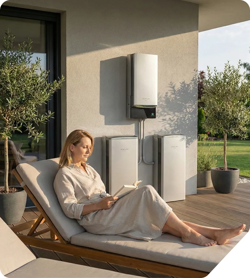 Woman in a beige dress relaxing on a cushioned lounge chair, reading a book on a wooden deck beside a wall with solar battery equipment and potted plants.