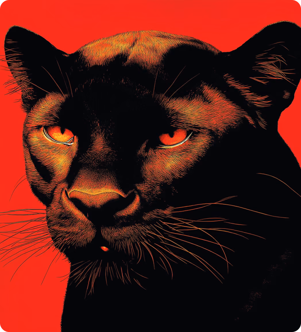 Close-up of a black panther's face with orange and red highlights on a red background.