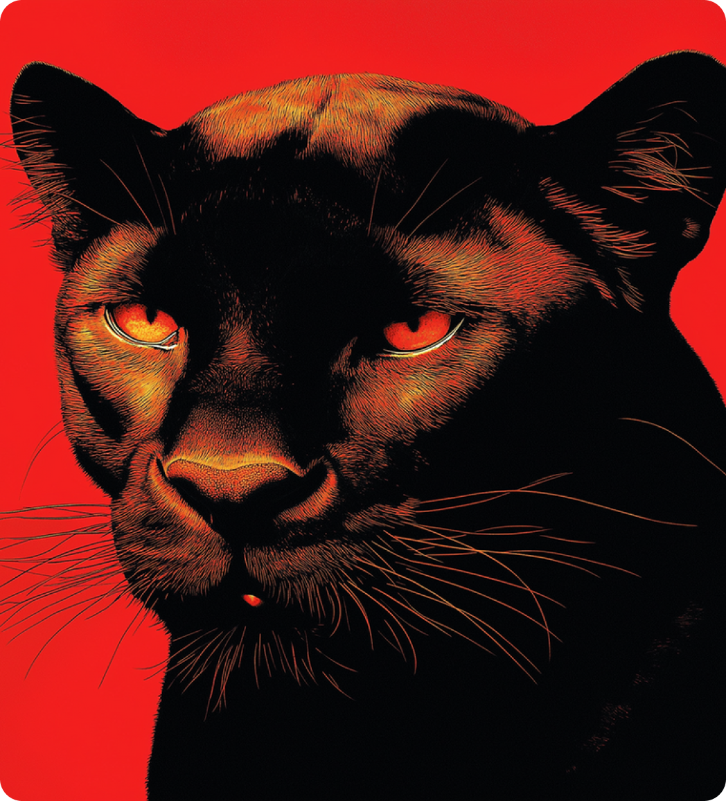 Close-up of a black panther's face with orange and red highlights on a red background.