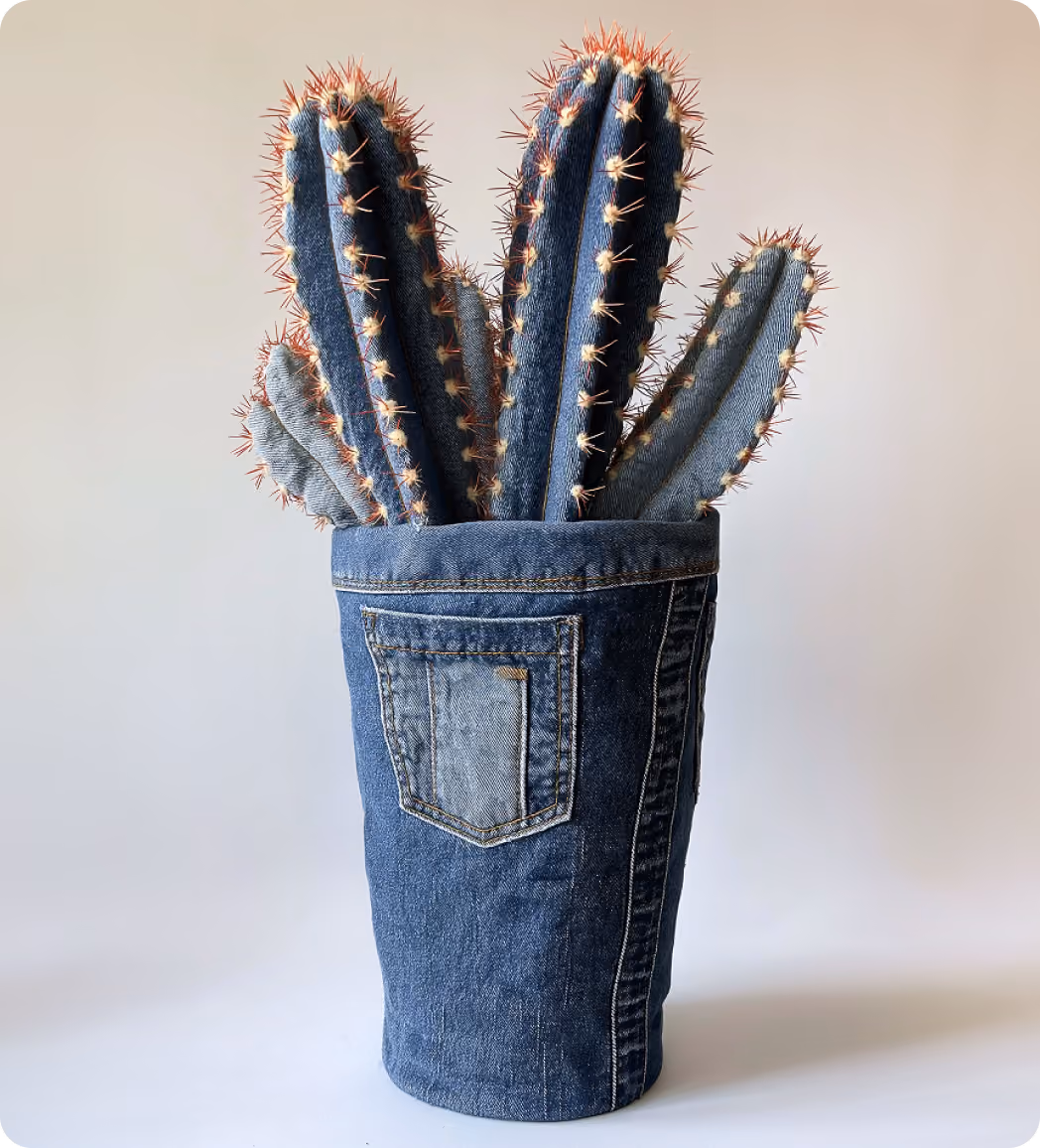 Cactus shaped like denim jeans with fabric spines in a denim pot against a plain background.