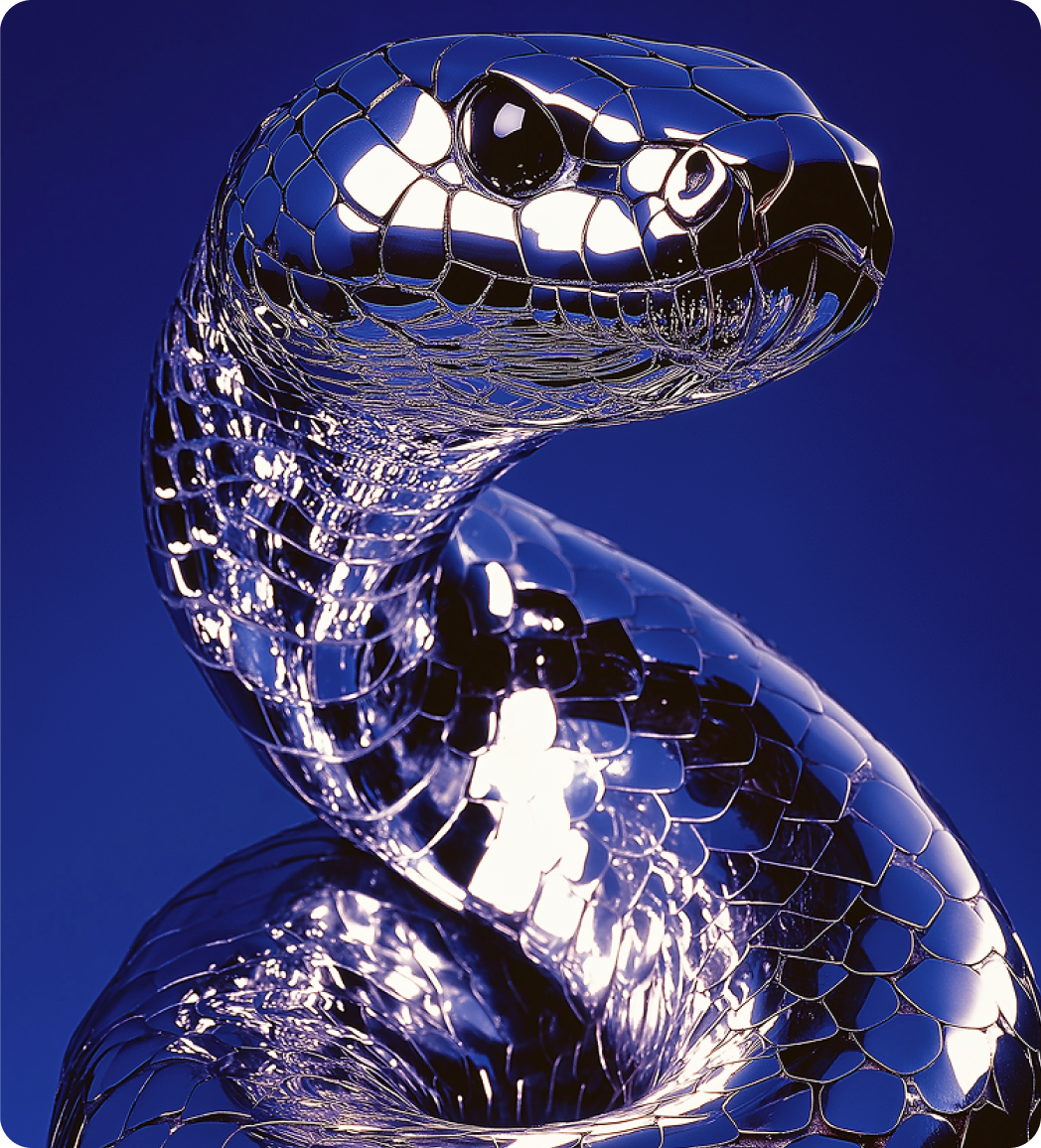 Chrome snake sculpture with shiny, reflective scales against a deep blue background.