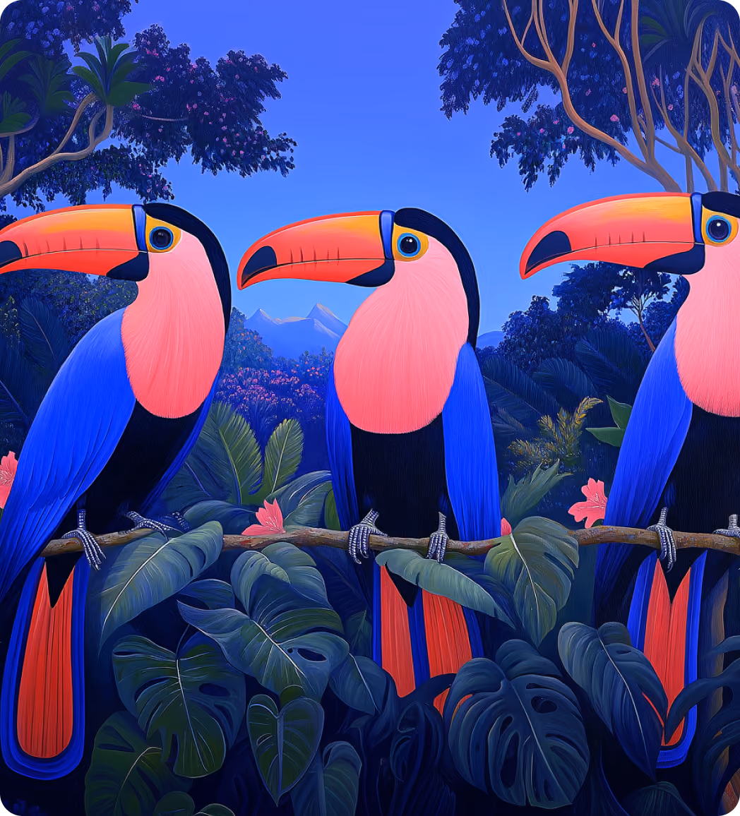 Three vibrant toucans with large orange beaks perched on a branch against a lush forest backdrop.