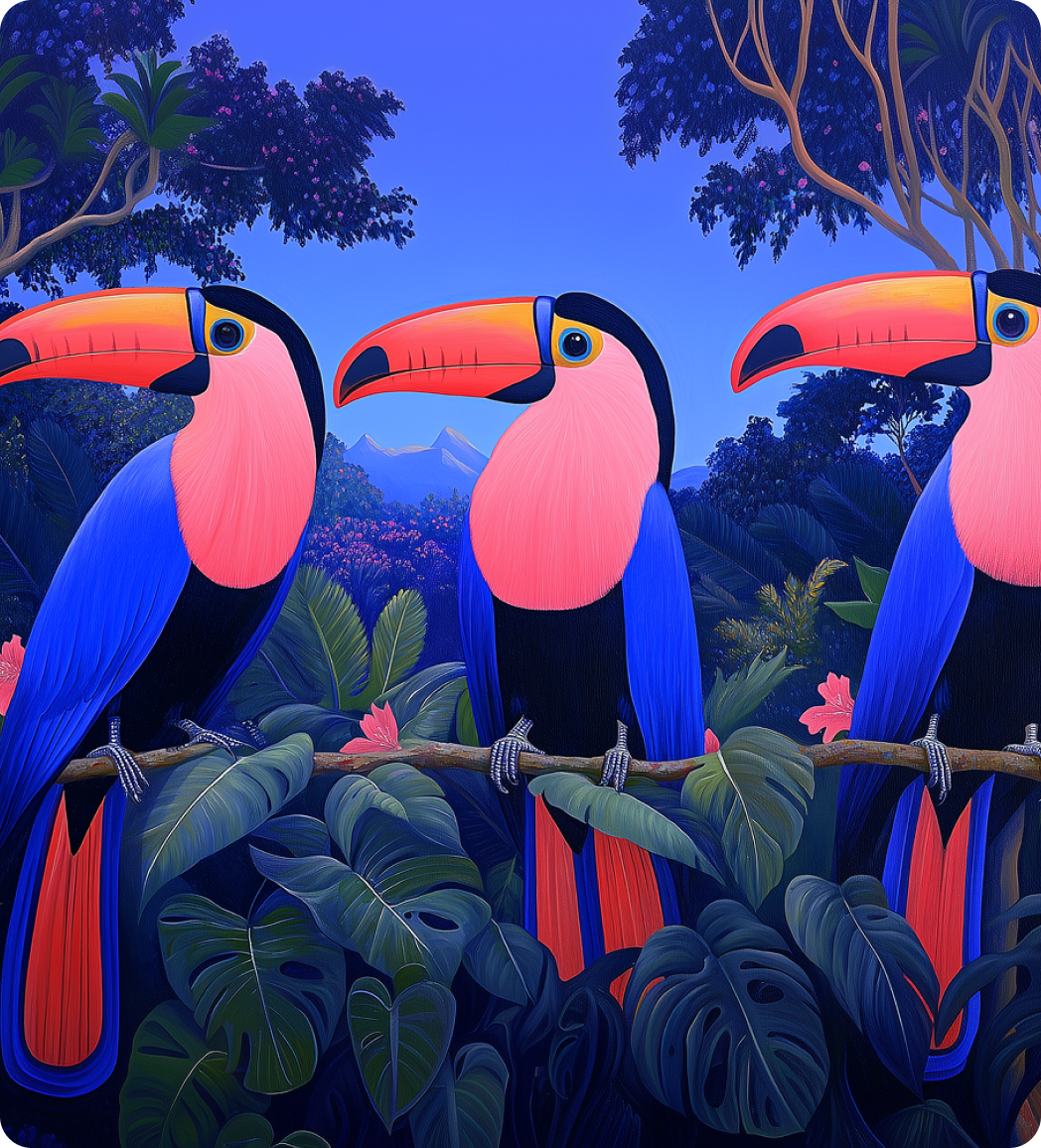 Three vibrant toucans with large orange beaks perched on a branch against a lush forest backdrop.