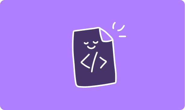 Smiling document with code brackets symbol on a purple background.