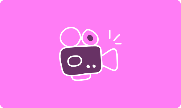 Purple and white retro video camera icon on a bright pink rounded rectangle background.
