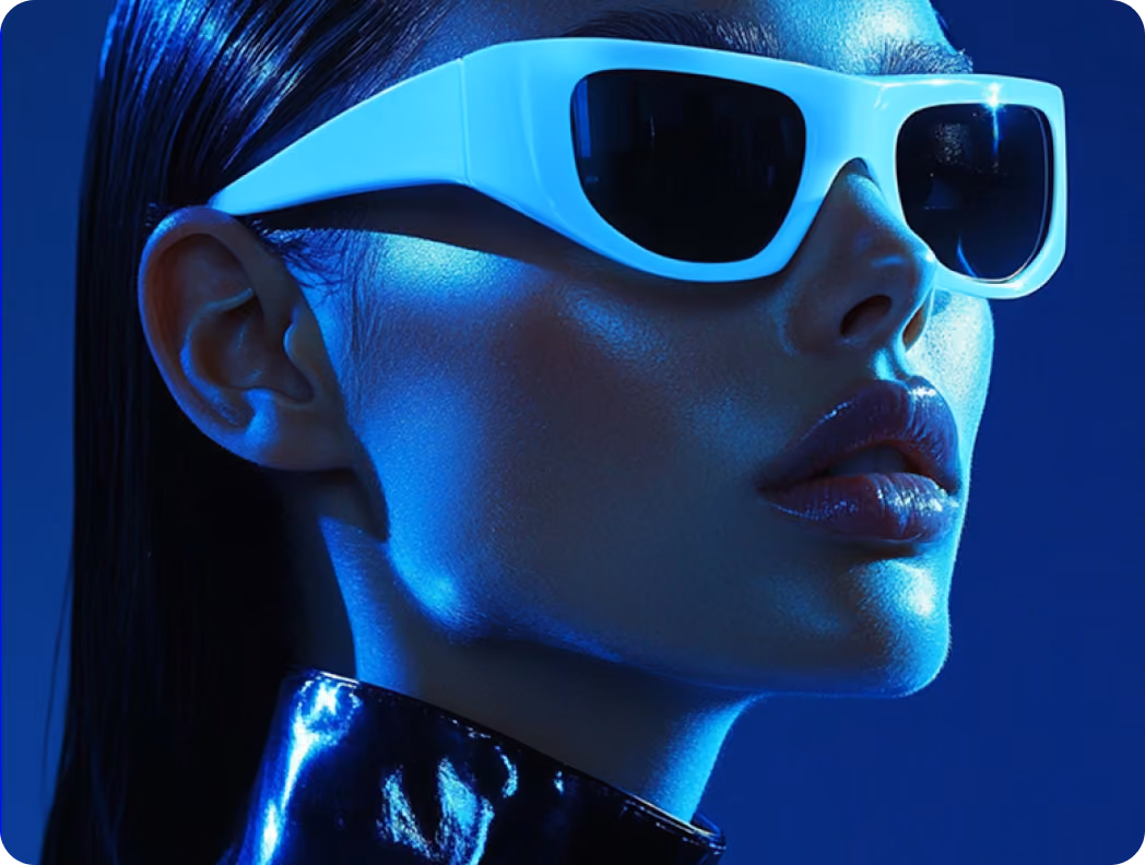 Close-up of a woman wearing futuristic white sunglasses and shiny black clothing under blue lighting.
