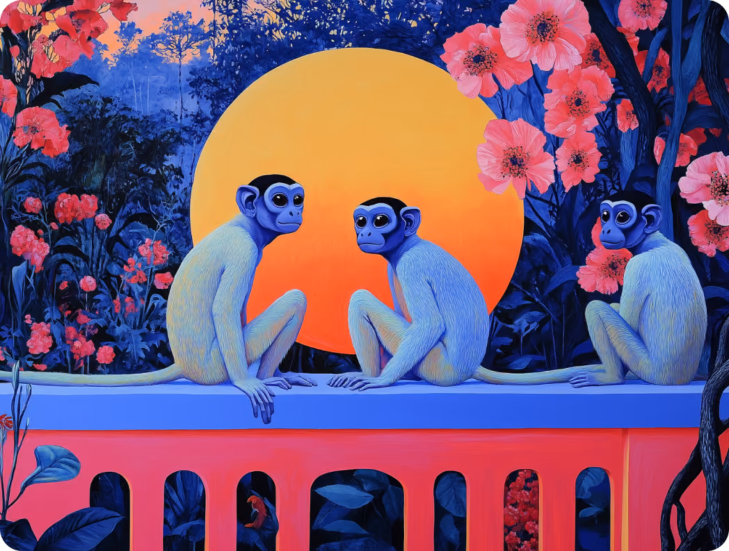 Three blue monkeys sitting on a railing with pink flowers and a large orange sun in the background.