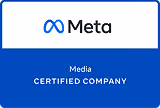 Meta logo with text Media Certified Company on a blue background badge.
