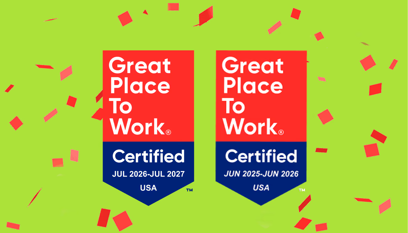 Great Place To Work Certified 2026 CH badge with red confetti on a transparent background.