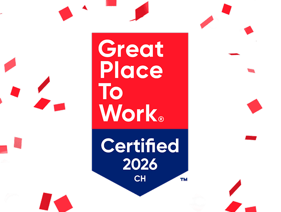 Great Place To Work Certified 2026 CH badge with red confetti on a transparent background.