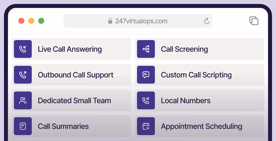 Browser window displaying service options including Live Call Answering, Call Screening, Outbound Call Support, Custom Call Scripting, Dedicated Small Team, Local Numbers, Call Summaries, and Appointment Scheduling.